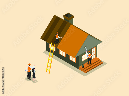 Woman and contractor looking at construction worker working to finishing on new house. Isometric vector concept