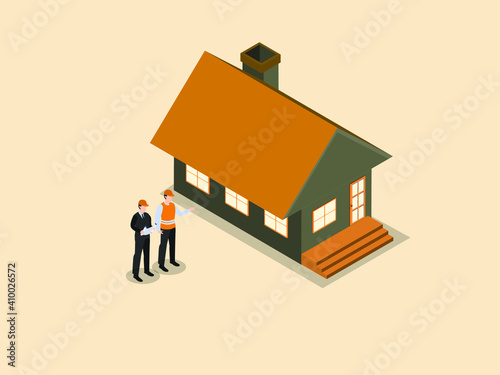 Architect and contractor looking at blueprint and new house building. Isometric vector concept