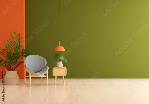 Chair in green living room with free space for mockup, 3D rendering