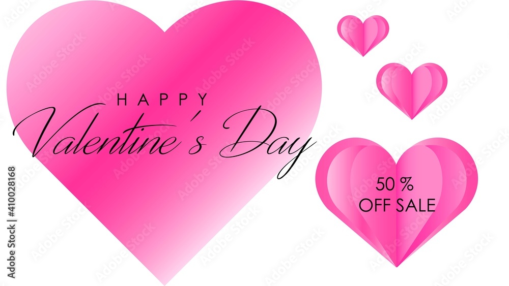 Happy Valentine's Day banner. Holiday background design with heart made of pink origami hearts on a white background. Horizontal poster, flyer, greeting card, header for website, for wallpaper, invita