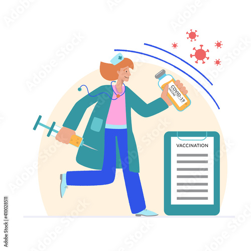 Vaccine against COVID-19 virus. Prevention injection, immunization. Coronavirus infection treatment. A nurse with a large syringe and a vaccine runs to help.