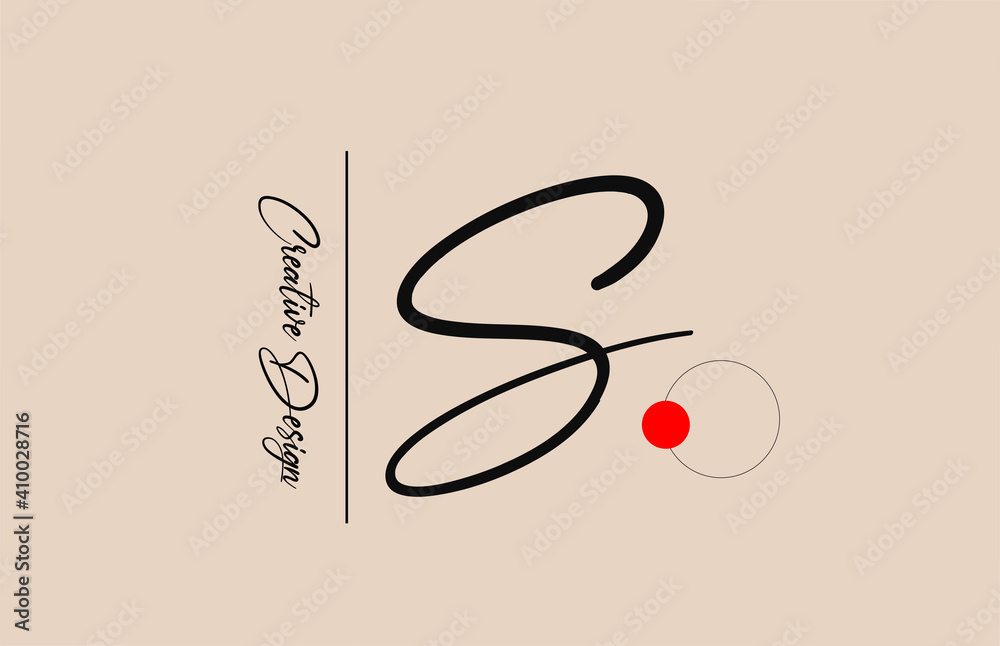 S alphabet logo letter for business. Elegant creative font for corporate identity and lettering. Company branding icon with red dot and handwritten design - obrazy, fototapety, plakaty 