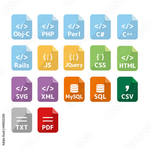Major programming languages and file formats vector icon illustration set.