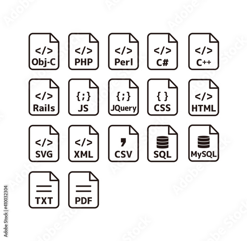 Major programming languages and file formats vector icon illustration set.