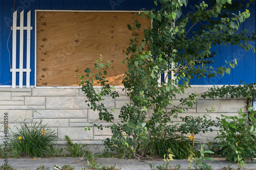 Boarded up window with overgrown tree and weeds; blue siding and retro shutters 