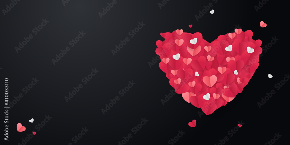 Red, pink and white flying hearts isolated on transparent background. Vector illustration. Paper cut decorations for Valentine's day border or frame design.   