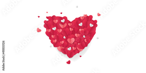 Fototapeta Naklejka Na Ścianę i Meble -  Red, pink and white flying hearts isolated on transparent background. Vector illustration. Paper cut decorations for Valentine's day border or frame design.   