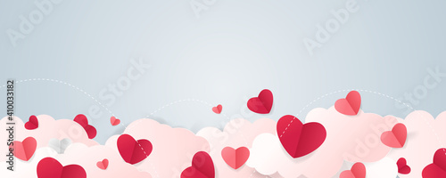 Gift box with heart balloon floating it the sky, Happy Valentine's Day banners, paper art style. Valentine's day Balloon with confetti Vector illustration