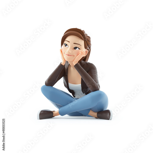 Fototapeta Naklejka Na Ścianę i Meble -  3d cartoon woman sitting on floor and thinking