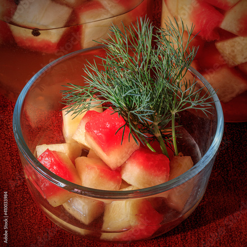 Watermelon rind pickled in vinegar and spices