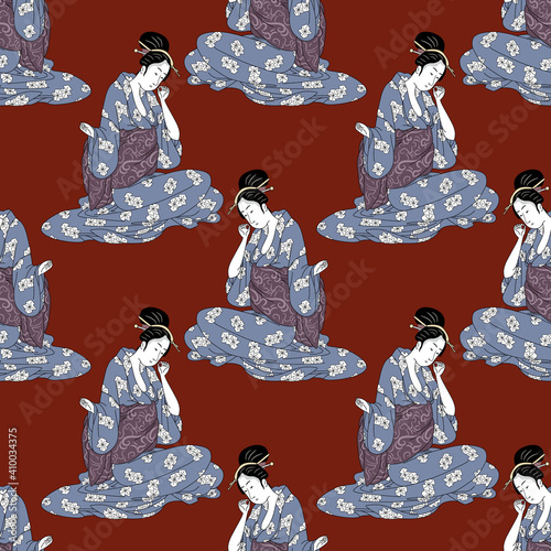 Seamless geometrical pattern with silhouettes of sitting Japanese girl or geisha in kimono. Ethnic style.