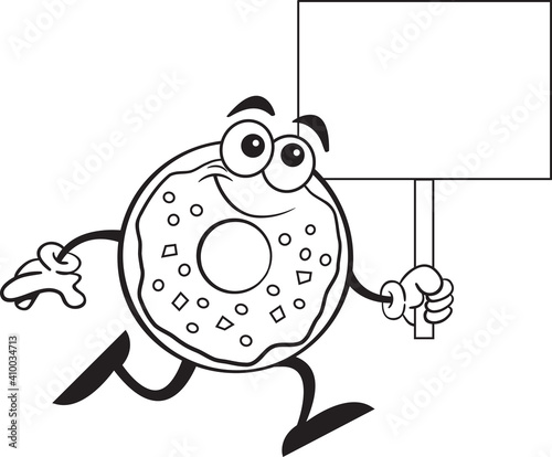 Black and white illustration of a doughnut running while holding a sign.