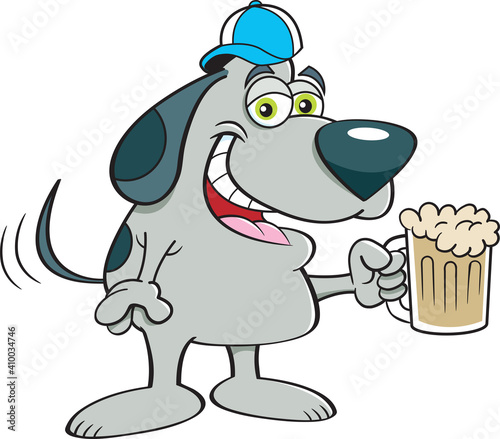 Cartoon illustration of a dog wearing a baseball cap and holding a beer mug. © bennerdesign