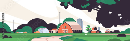 farm building house organic eco farming agriculture concept rural farmland countryside landscape horizontal vector illustration