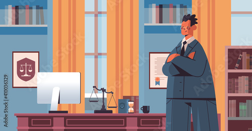 male lawyer standing near at workplace legal law advice and justice concept modern office interior portrait horizontal vector illustration