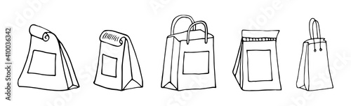 Lunch bags.set of craft paper bags.Various lunch bags.Lunch bag set hand drawn. collection lunch bags isolated. Paper lunch box collection vector sketch.packing of coffee isolated on white background.
