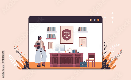 female lawyer standing near at workplace legal law advice and justice concept modern office interior full length horizontal copy space vector illustration