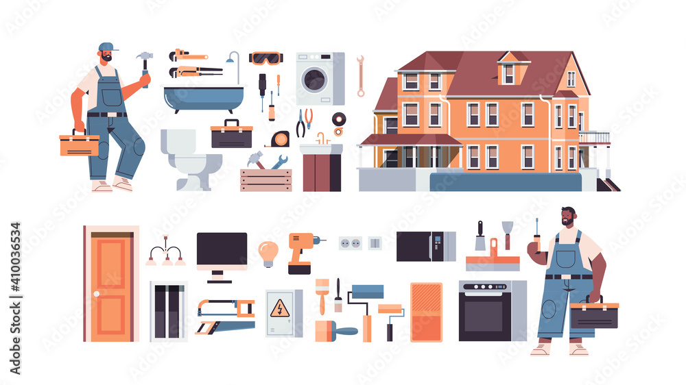 set mix race professional repairmen in uniform making house renovation home maintenance repair service concept full length horizontal isolated vector illustration set mix race professional repairmen in uniform making house renovation home maintenance repair service concept full length horizontal isolated vector illustration