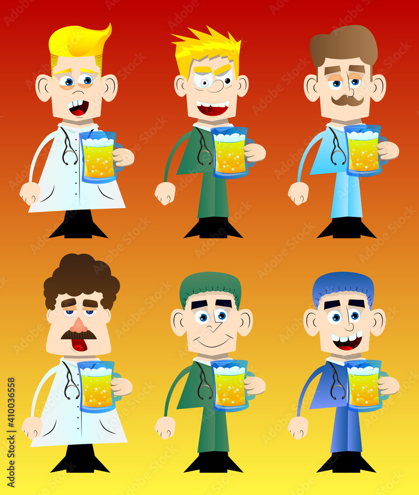 Funny cartoon doctor drinking beer. Vector illustration. Relaxing health care worker. Funny cartoon doctor drinking beer. Vector illustration. Relaxing health care worker.
