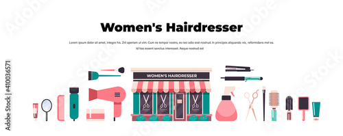 set hairdresser tools and accessories collection beauty salon concept horizontal copy space vector illustration