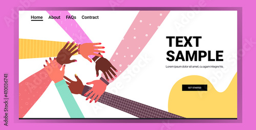 hands of mix race group of women putting together female empowerment movement girl power union of feminists concept horizontal copy space vector illustration