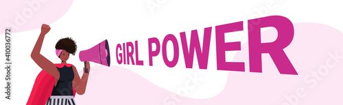 girl activist screaming in loudspeaker female empowerment movement women power concept portrait horizontal vector illustration