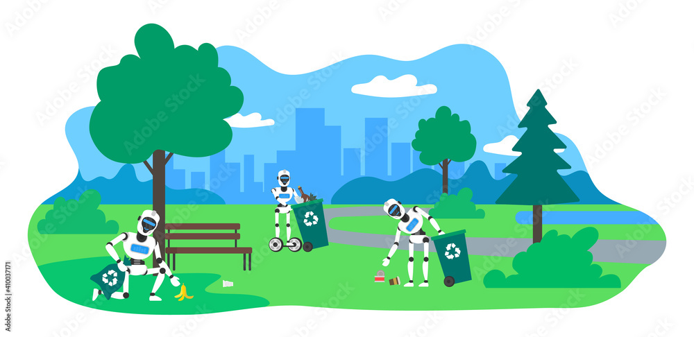 robots humanoid collecting waste and garbage in city park robotic technology vector illustration