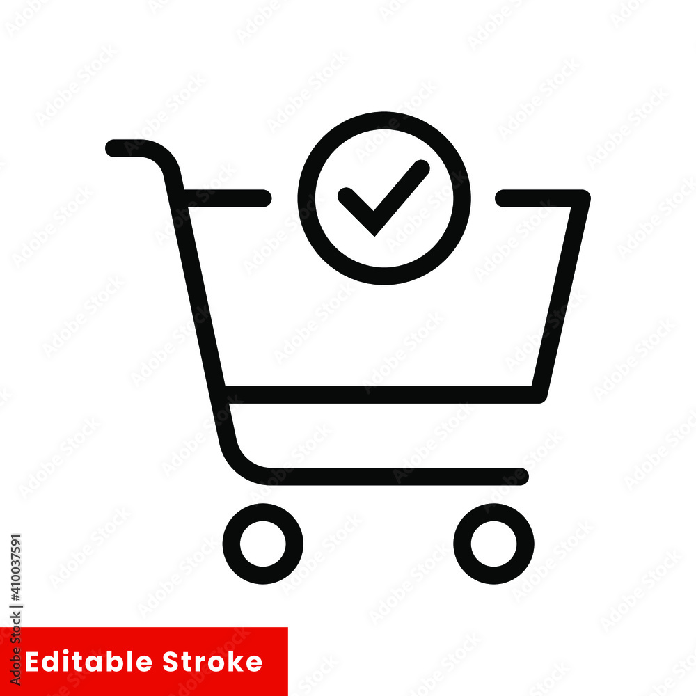 Shopping cart and check mark icon. Simple line style for web and app. Trolley symbol on white background. Vector Illustration. Editable stroke EPS10 Shopping cart and check mark icon. Simple line style for web and app. Trolley symbol on white background. Vector Illustration. Editable stroke EPS10