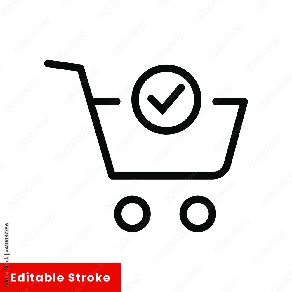 Shopping cart and check mark icon. Simple line style for web and app. Trolley symbol on white background. Vector Illustration. Editable stroke EPS10 Shopping cart and check mark icon. Simple line style for web and app. Trolley symbol on white background. Vector Illustration. Editable stroke EPS10