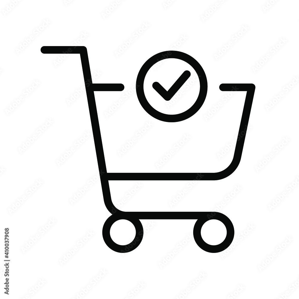 Shopping cart and check mark icon. Simple line style for web and app. Trolley symbol on white background. Vector Illustration. EPS10 Shopping cart and check mark icon. Simple line style for web and app. Trolley symbol on white background. Vector Illustration. EPS10