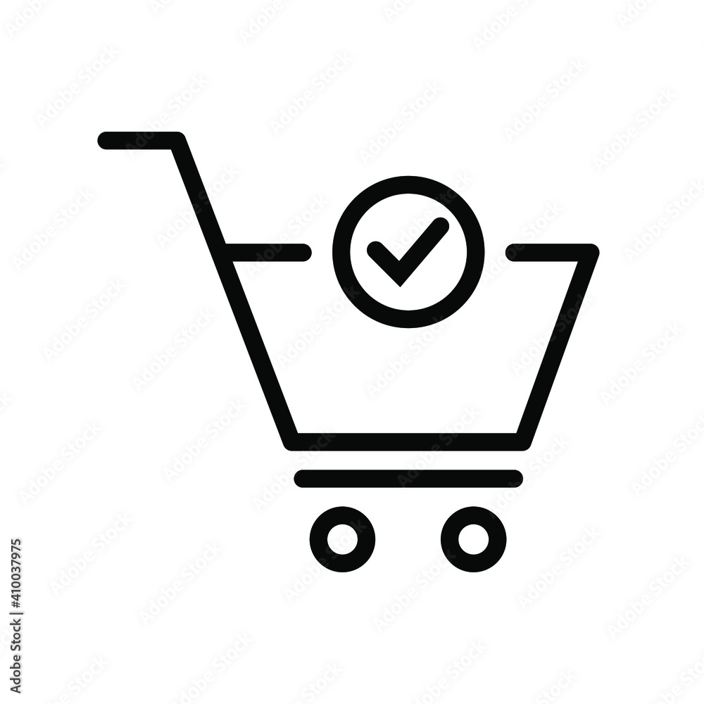 Shopping cart and check mark icon. Simple line style for web and app. Trolley symbol on white background. Vector Illustration. EPS10 Shopping cart and check mark icon. Simple line style for web and app. Trolley symbol on white background. Vector Illustration. EPS10