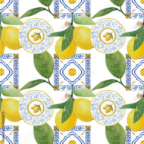 Pattern seamless with Italian tile design watercolor vector illustration