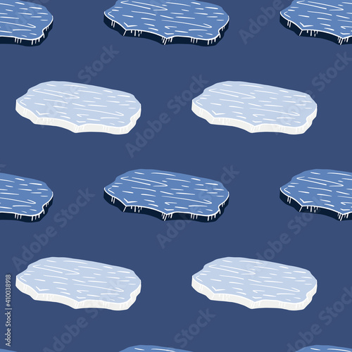 North antarctic seamless pattern with doodle cartoon ice floe silhouettes. Navy blue background.