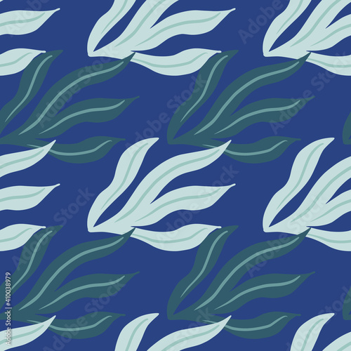 Simple navy blue colored vintage leaves silhouettes seamless pattern. Flora print. Hand drawn ornament.