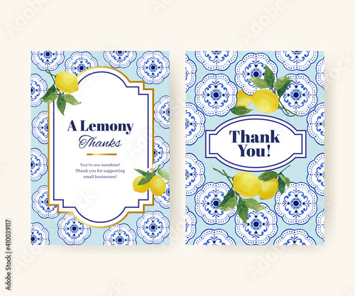 Thank you card template with Italian tile concept design for invitation and greeting watercolor vector illustration.