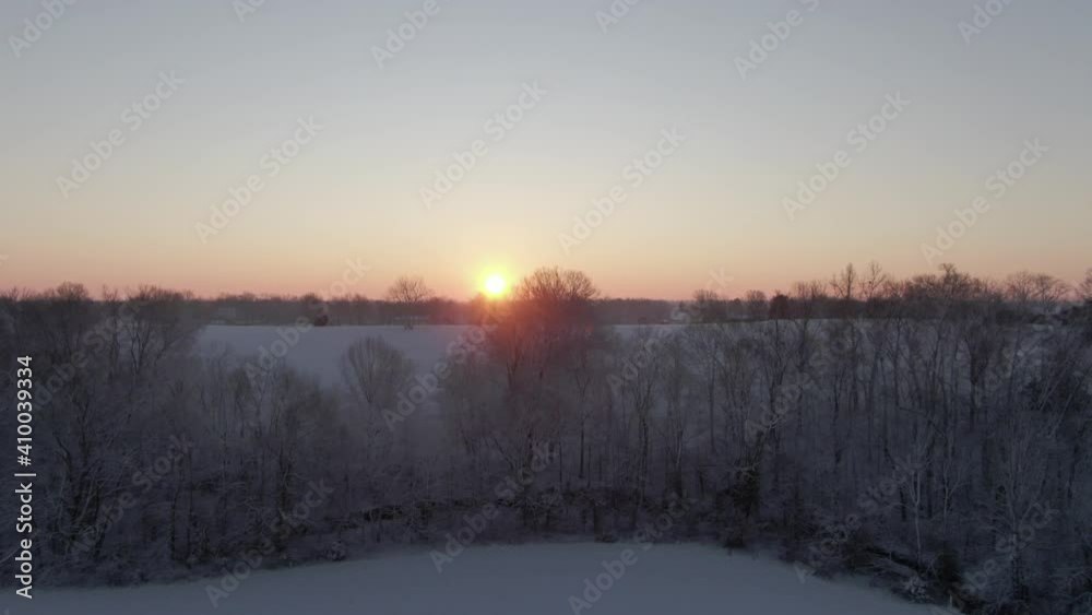 Rise Over Snow-covered Trees and Field to Reveal the Sunrise on the Horizon Rise Over Snow-covered Trees and Field to Reveal the Sunrise on the Horizon