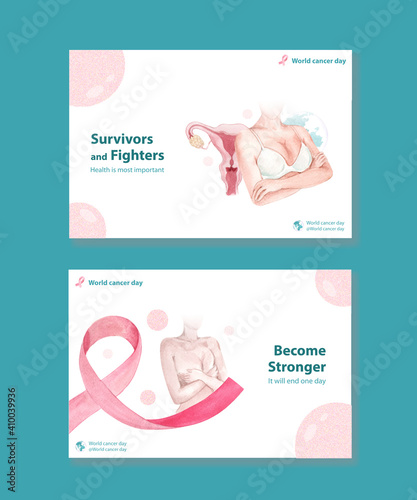 Facebook template with world cancer day concept design for social media and online marketing watercolor vector illustration.