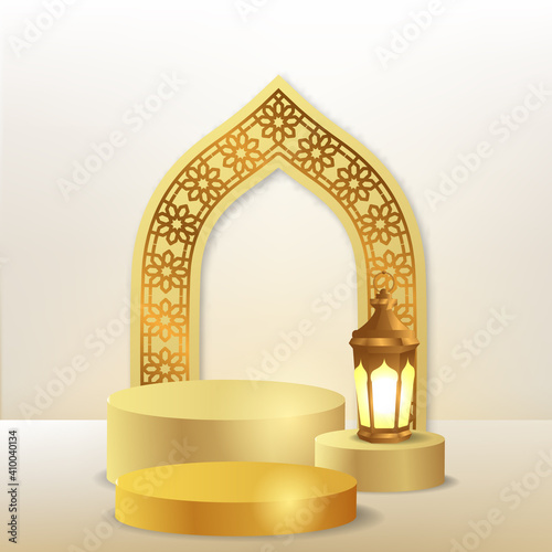 3d cylinder podium product display with door masque arabic pattern with golden lantern lamp for ramadan mubarak islamic event