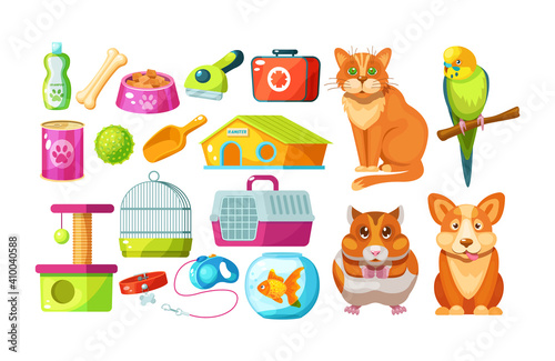 Animal food, accessories and toys domestic store. Pet shop supplies with parrot, hamster, cat, dog. Pet accessories: shampoo, bone, food, leash-collar, first-aid kit, aquarium with fish