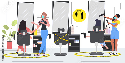 hairdressers in masks making hair style to clients keeping distance to prevent coronavirus pandemic beauty salon interior horizontal full length vector illustration
