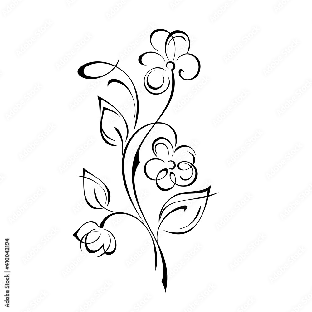 ornament 1497. bouquet of stylized flowers on long stems with leaves in black lines on a white background ornament 1497. bouquet of stylized flowers on long stems with leaves in black lines on a white background