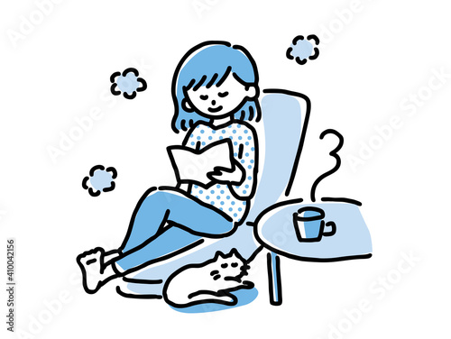 ステイホームで読書する女性のイラスト