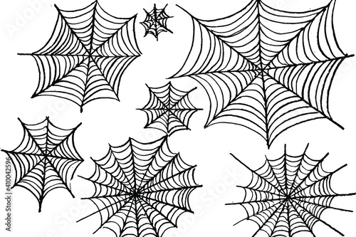Hand-drawn with a simple pencil on a gray cardboard web of different sizes. Imitation of a child's drawing of a small and large spider web. Vector illustration. Overlay Template