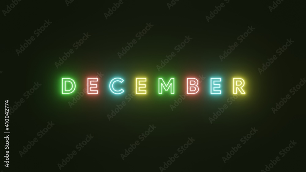 December text neon light colorful on black background . 3d illustration rendering . Neon symbol for December December text neon light colorful on black background . 3d illustration rendering . Neon symbol for December