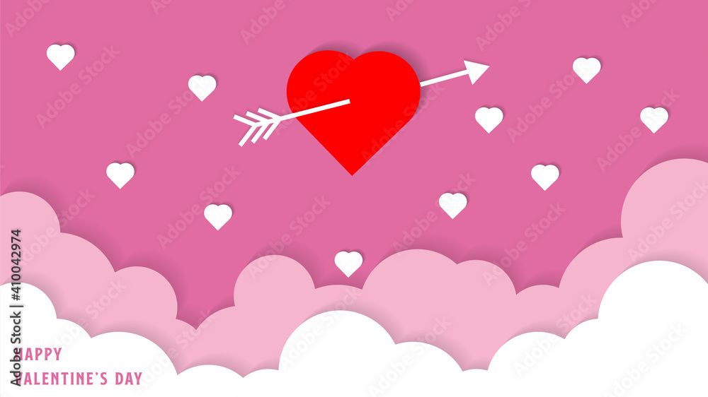 love arrow Valentines day of paper art design with clouds, paper cut style vector pastel line background