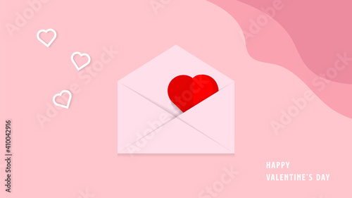 Valentines hearts with gift envelope postcard. Paper cut elements on pink background. shape of heart for Valentine's Day greeting card design