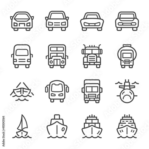 vehicle and transportation front view thin line icon set,vector and illustration