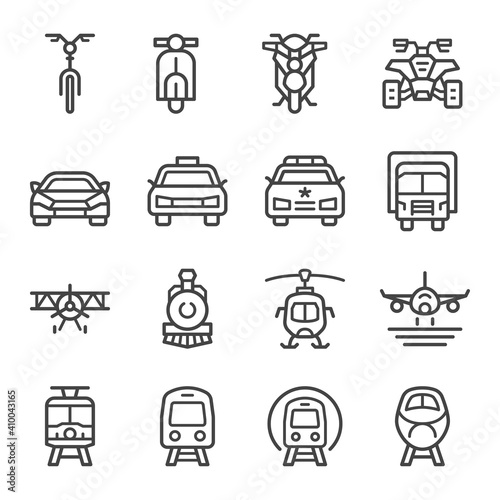 vehicle and transportation front view thin line icon set,vector and illustration