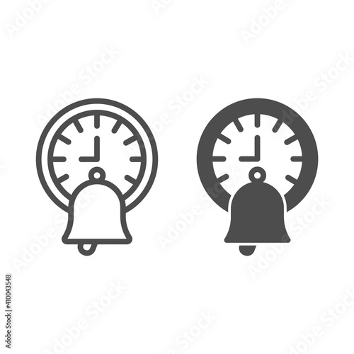 School bell and the clock line and solid icon, online education concept, school break sign on white background, Ringing handbell and watch icon in outline style for mobile and web. Vector graphics.