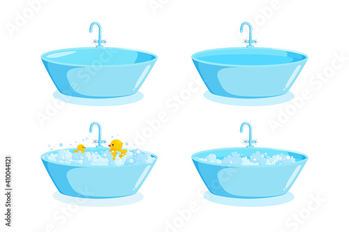 Bathtub with faucet, ducks and suds. Ellipse tub set with tap with soap foam. Vector illustration in cartoon style